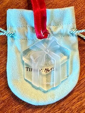 Tiffany & Co. Clear Crystal box Ornament with Red Ribbon